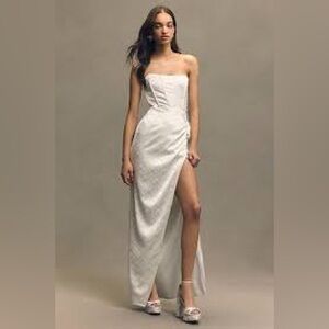 V. Chapman June Corset Jacquard Front-Slit
Strapless Gown In Ivory Size 8